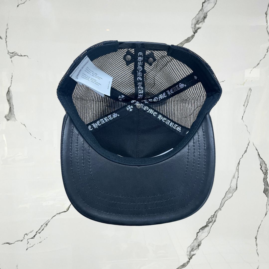 Chrome Hearts Cemetary Cross Leather Stitched Trucker Black Cap