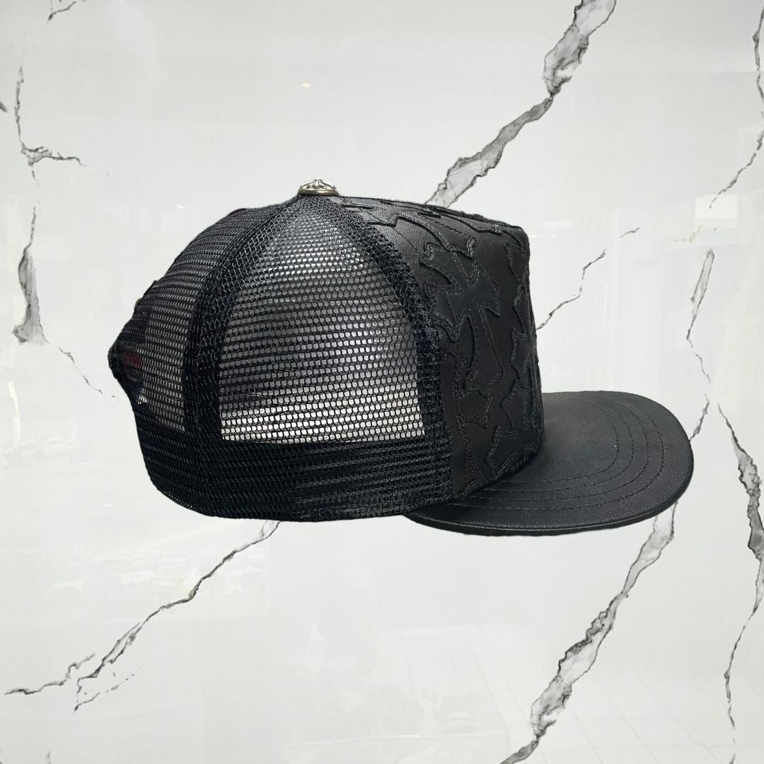 Chrome Hearts Cemetary Cross Leather Stitched Trucker Black Cap