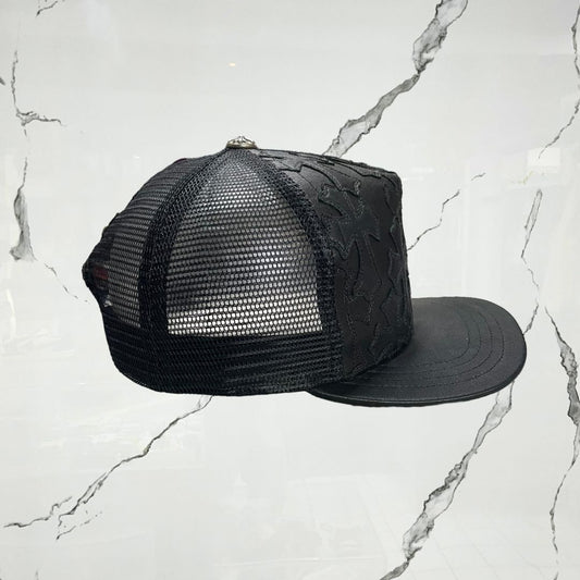 Chrome Hearts Cemetary Cross Leather Stitched Trucker Black Cap - Urban Utility