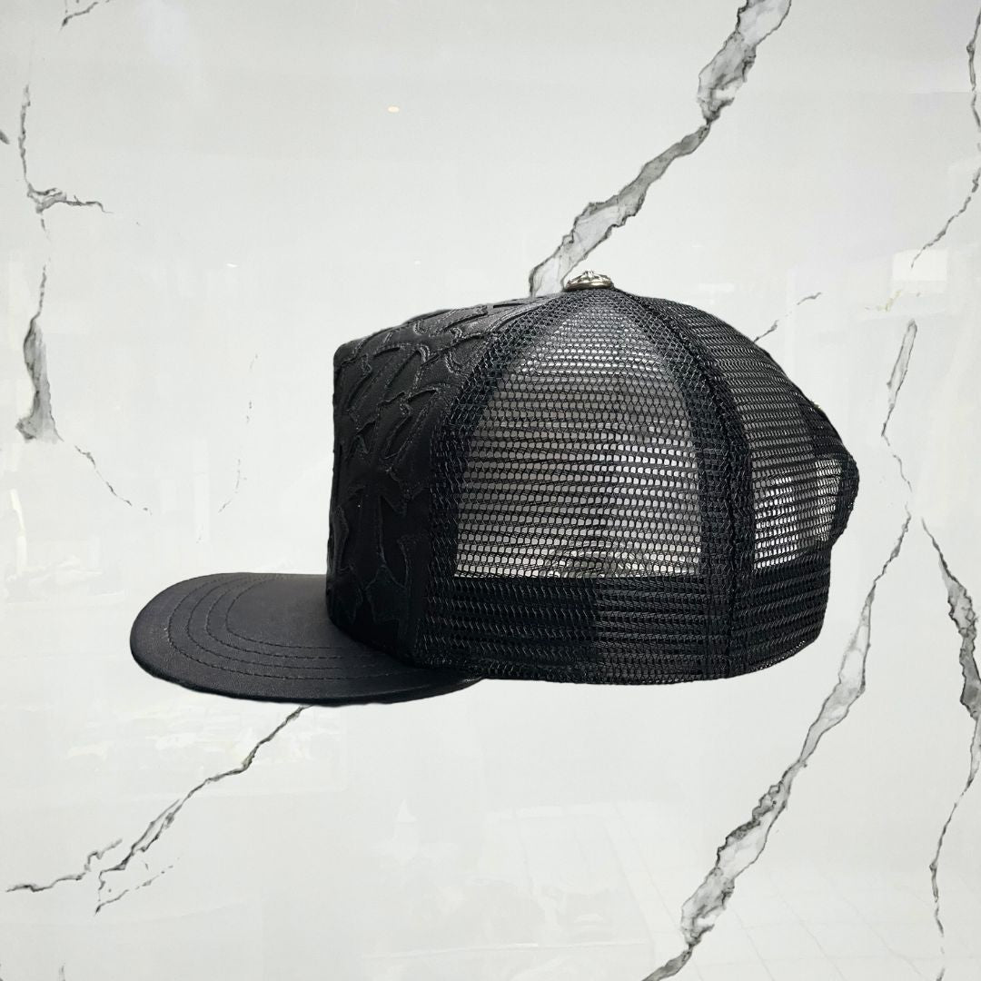 Chrome Hearts Cemetary Cross Leather Stitched Trucker Black Cap