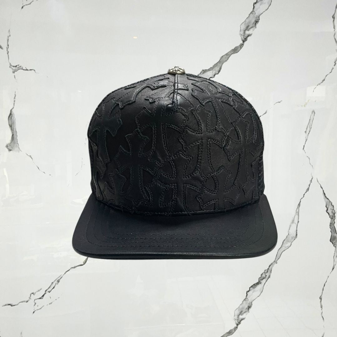 Chrome Hearts Cemetary Cross Leather Stitched Trucker Black Cap