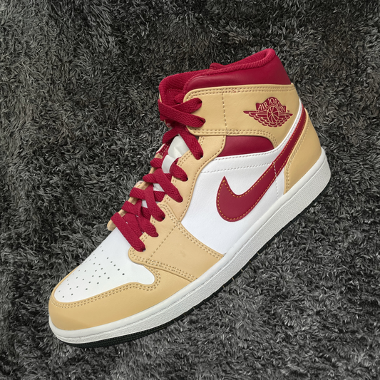 Jordan 1 Mid Light Curry Cardinal