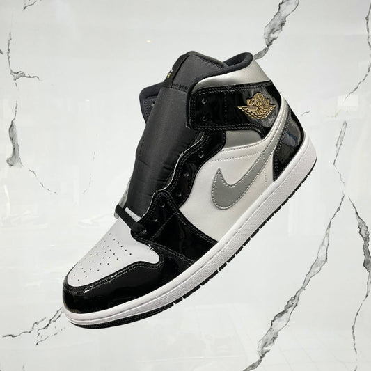 Jordan 1 Mid Patent Black White Metallic Silver Metallic Gold - Urban Utility