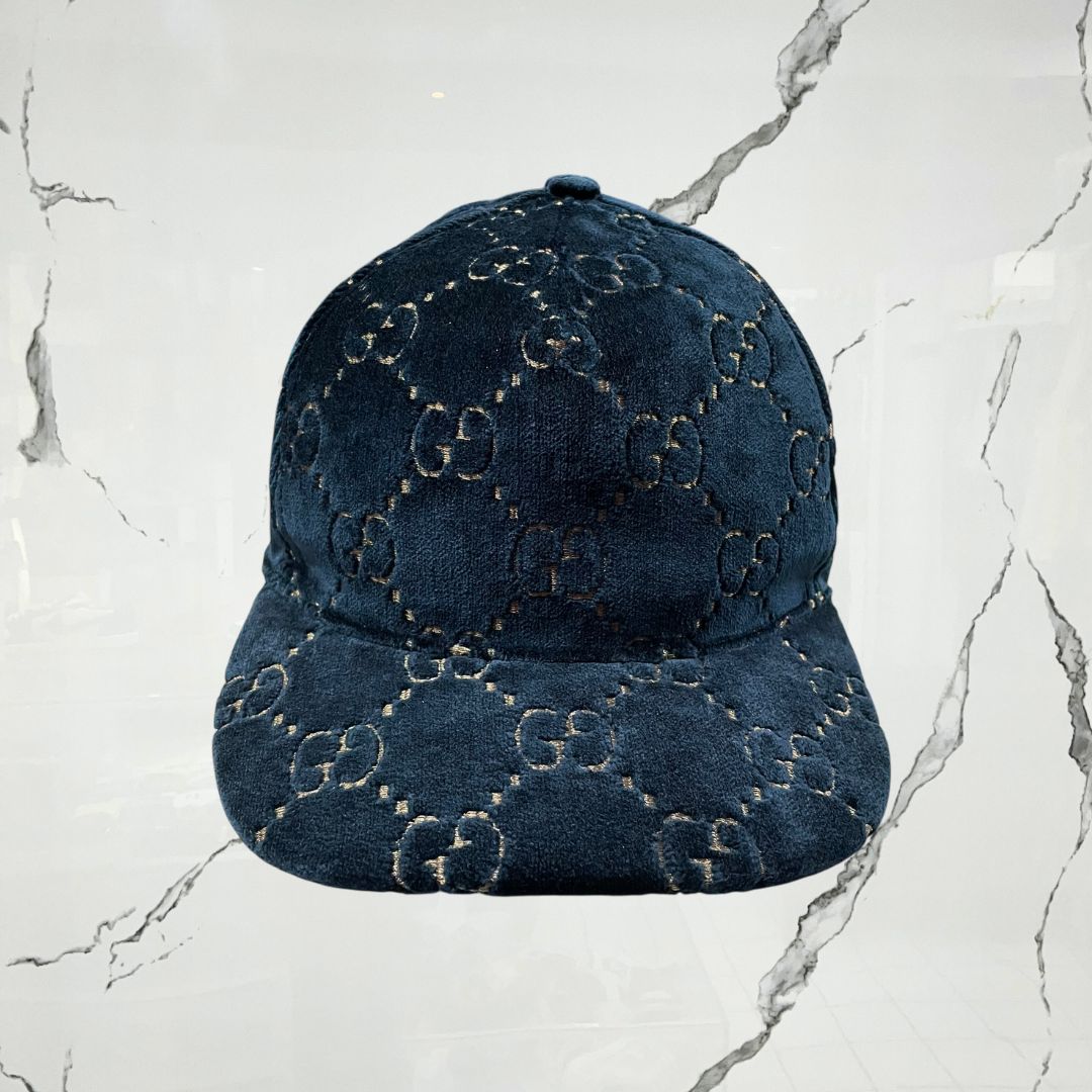 Gucci Velvet Navy Blue Monogram Cap (De Uso) - Urban Utility
