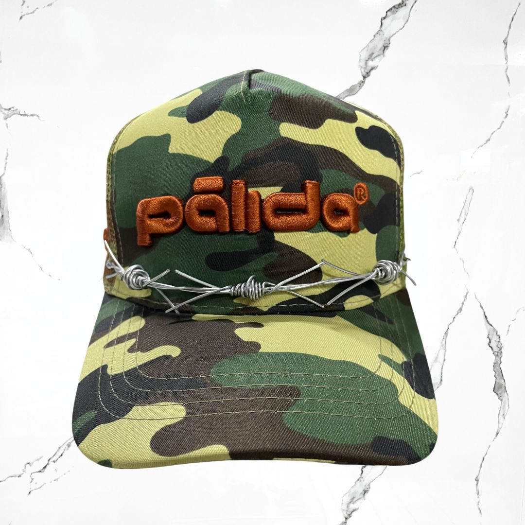 Palida Trucker Hat Box Logo Beige Camo Verde Bandera Cap