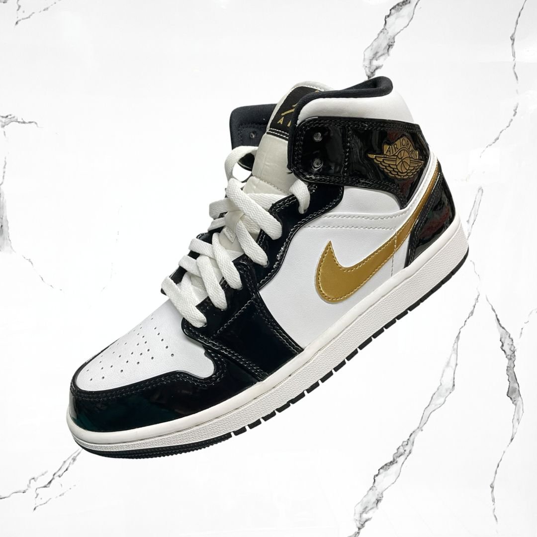 Jordan 1 Mid Patent Black White Gold - Urban Utility